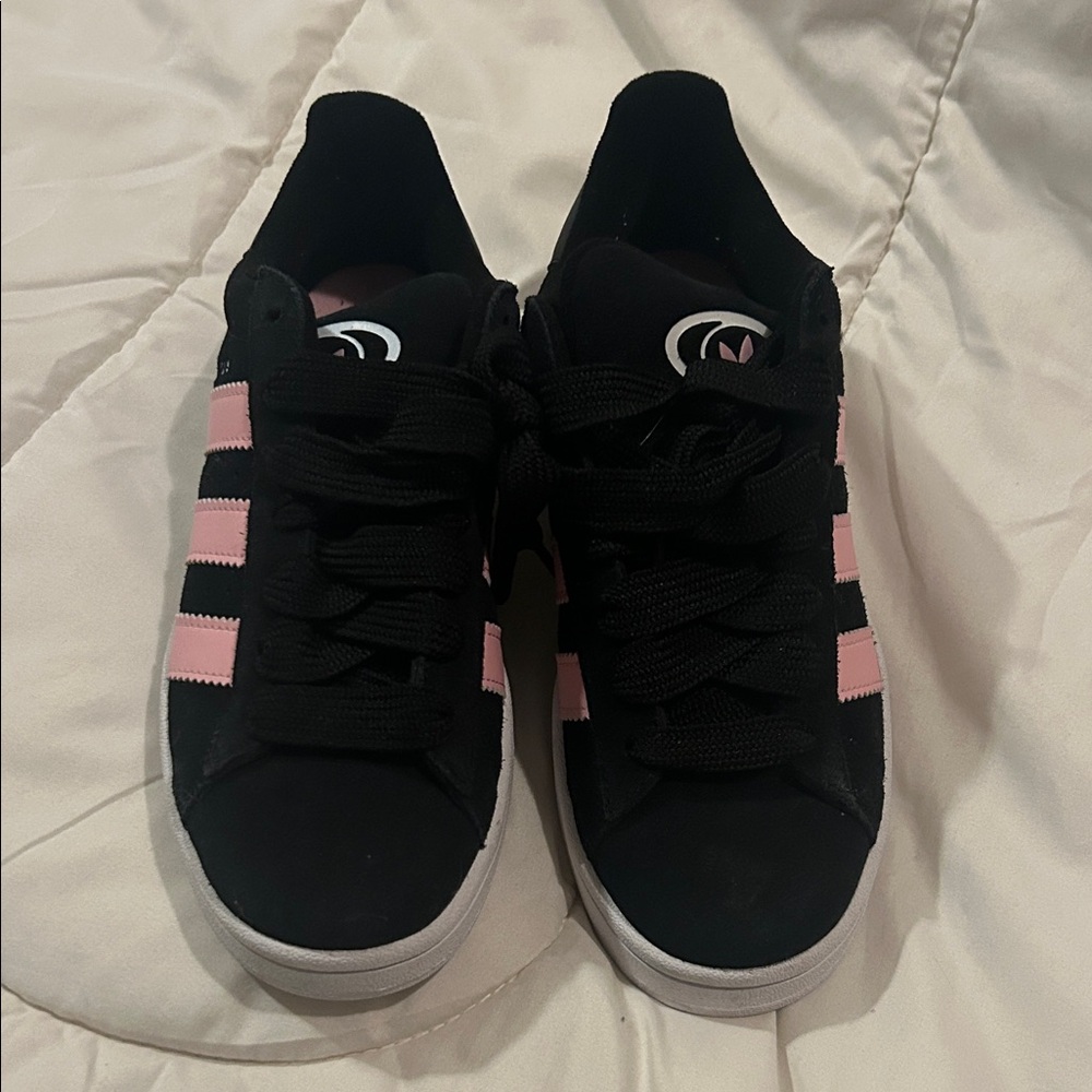 Adidas Women's Black Sneakers with Pink Stripes